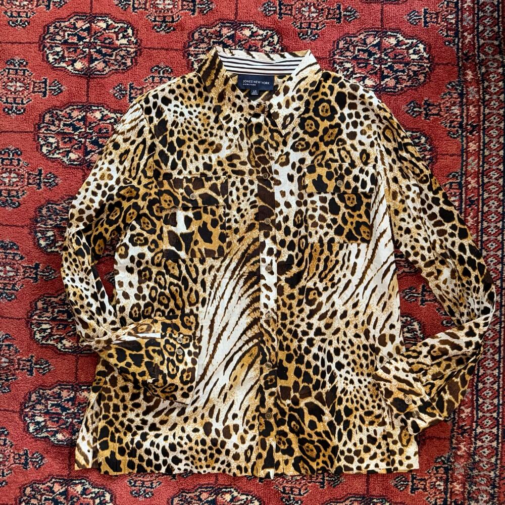 Jones‎ New York Signature L Animal Print Button Front Long Sleeve Blouse